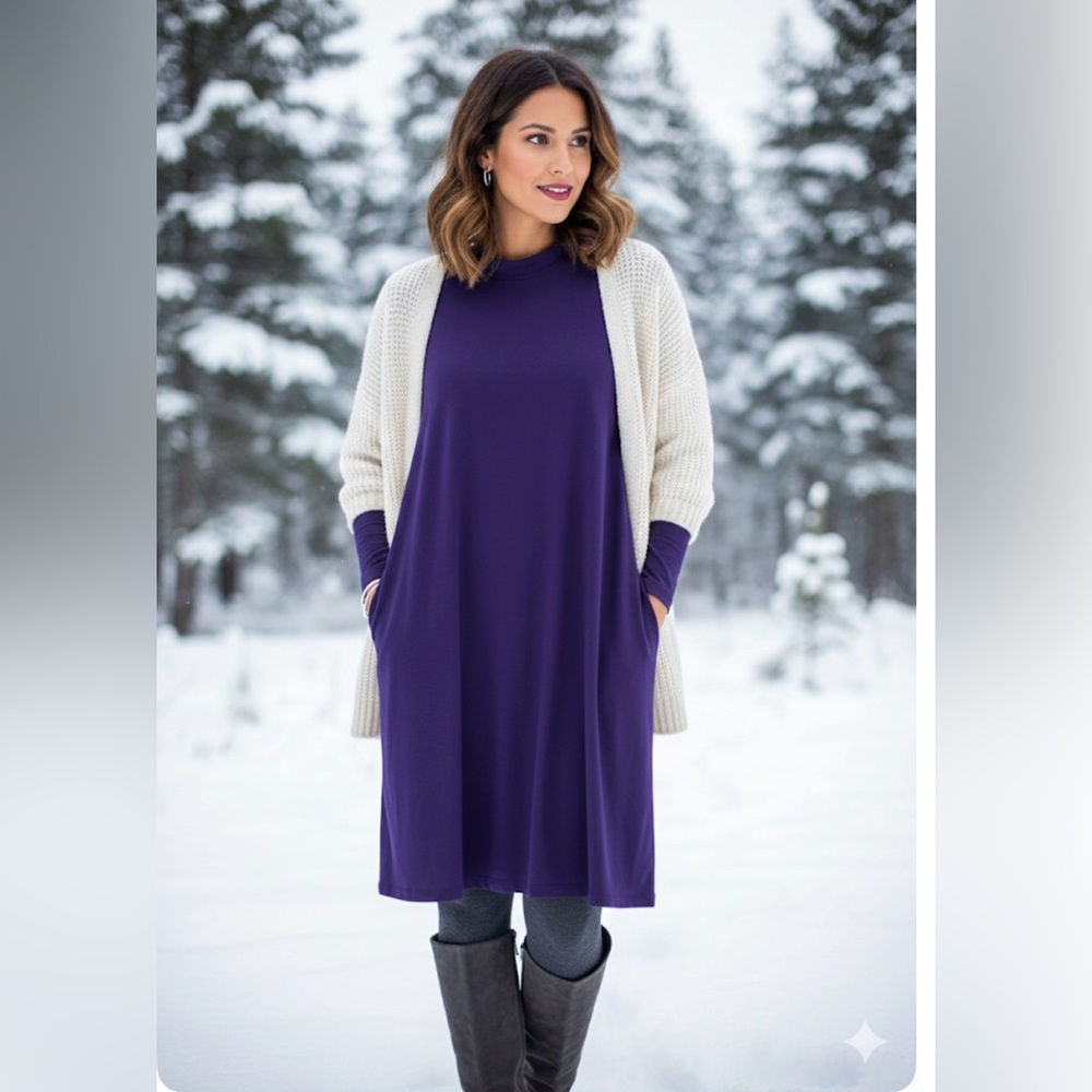 NWT Eileen Fisher‎ purple Stretch Jersey Mock-Neck Caftan Tunic size L